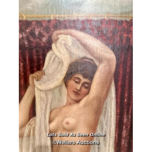 489 - LARGE 19TH CENTURY OIL ON CANVAS DEPICTING A CLASSICAL BATHING NUDE, 49 X 143CM