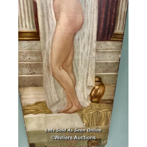 489 - LARGE 19TH CENTURY OIL ON CANVAS DEPICTING A CLASSICAL BATHING NUDE, 49 X 143CM