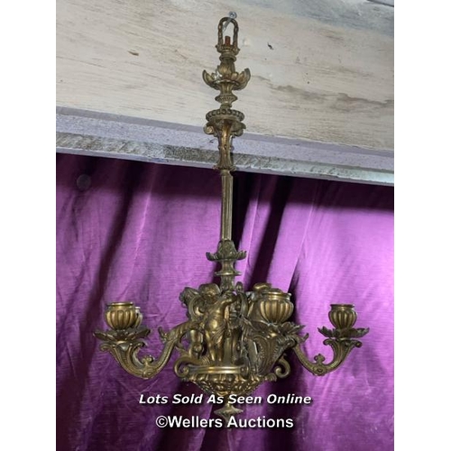 492 - BRONZE FIVE ARM CHERUB DETAILED CHANDELIER, DIAMETER 30CM X HEIGHT 47CM