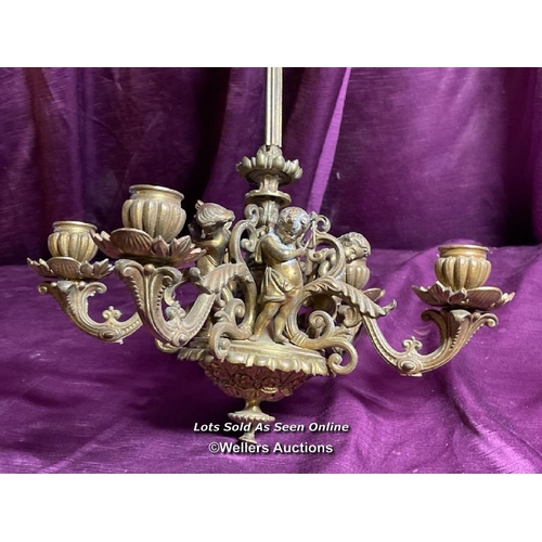 492 - BRONZE FIVE ARM CHERUB DETAILED CHANDELIER, DIAMETER 30CM X HEIGHT 47CM