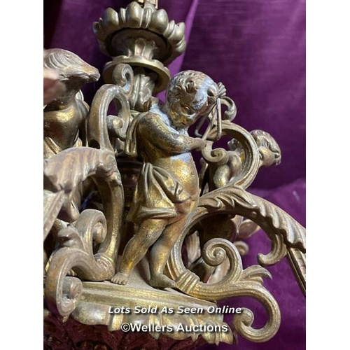 492 - BRONZE FIVE ARM CHERUB DETAILED CHANDELIER, DIAMETER 30CM X HEIGHT 47CM