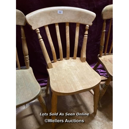 496 - THREE STICK BACK DINING CHAIRS, LARGEST 52.5 X 39 X 83CM