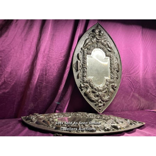 498 - PAIR OF ITALIAN REPOUSSE METAL WORK MIRRORS, 48 X 81CM