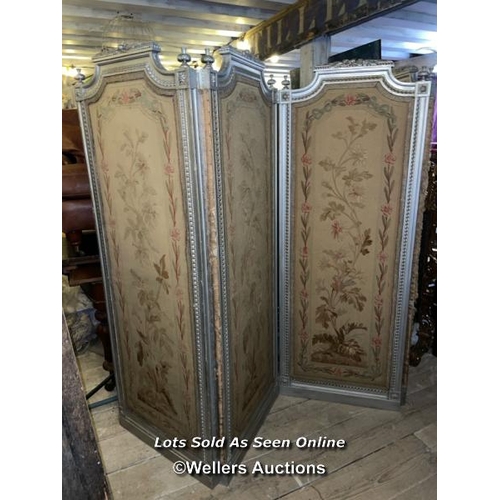 499 - 19TH CENTURY LOUIS XVI FOUR PANEL SCREEN WITH SILVERED PAINT FINISH AND ORIGINAL NEEDLEWORK PANELS, ... 