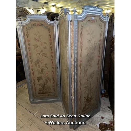 499 - 19TH CENTURY LOUIS XVI FOUR PANEL SCREEN WITH SILVERED PAINT FINISH AND ORIGINAL NEEDLEWORK PANELS, ... 