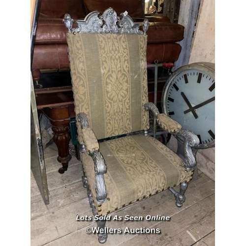 501 - RENAISSANCE REVIVAL THRONE CHAIR WITH SILVERED PAINT FINISH, 71 X 56 X 140CM