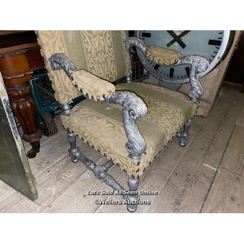 501 - RENAISSANCE REVIVAL THRONE CHAIR WITH SILVERED PAINT FINISH, 71 X 56 X 140CM