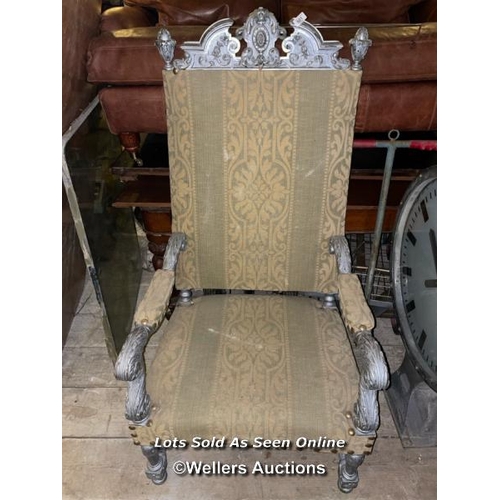 501 - RENAISSANCE REVIVAL THRONE CHAIR WITH SILVERED PAINT FINISH, 71 X 56 X 140CM