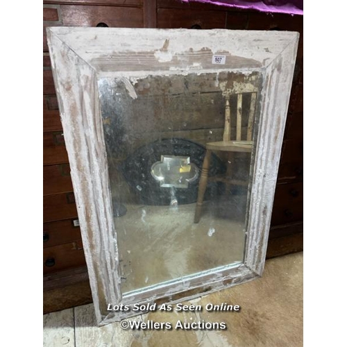 507 - 19TH CENTURY STRIPPED PINE MIRROR WITH ORIGINAL MERCURY PLATE 65 X 89.5CM (AS FOUND)