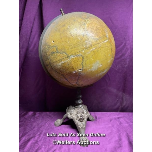 517 - 18TH / EARLY 19TH CENTURY GLOBE ON ORNATE CAST IRON STAND, GLOBE IN NEED OF EXTENSIVE RESTORATION, H... 