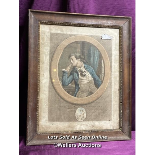 520 - 19TH CENTURY COLOURED ENGRAVING 'COMPTEZ SUR MES SERMENS', FRAMED AND GLAZED, 31 X 39.5CM