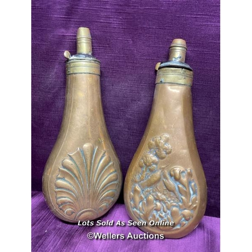 525 - TWO 19TH CENTURY COPPER AND BRASS POWDER FLASKS, EACH 19CM