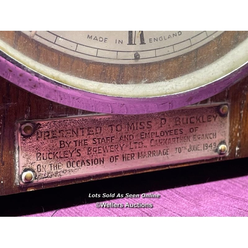 528 - SMITHS FENFIELD PRESENTATION CLOCK, INSCRIBED PRESENTED TO MISS P BUCKLEY BY THE STAFF AND EMPLOYEES... 