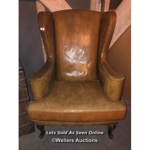 555 - 20TH CENTURY FAUX SNAKE SKIN LEATHER WING BACK CHAIR, CABRIOLE LEG, 74 X 65 X 110CM