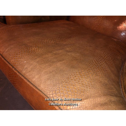 555 - 20TH CENTURY FAUX SNAKE SKIN LEATHER WING BACK CHAIR, CABRIOLE LEG, 74 X 65 X 110CM