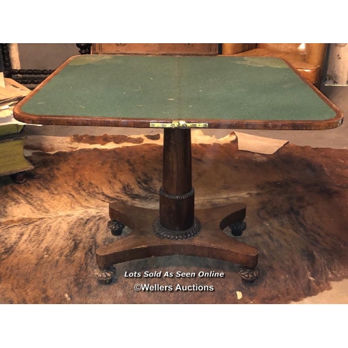 556 - WILLIAM IV CIRCA 1840 ROSEWOOD VENEERED GAMES TABLE, SQUARE PLAYING SURFACE, SOME RESTORATION REQUIR... 