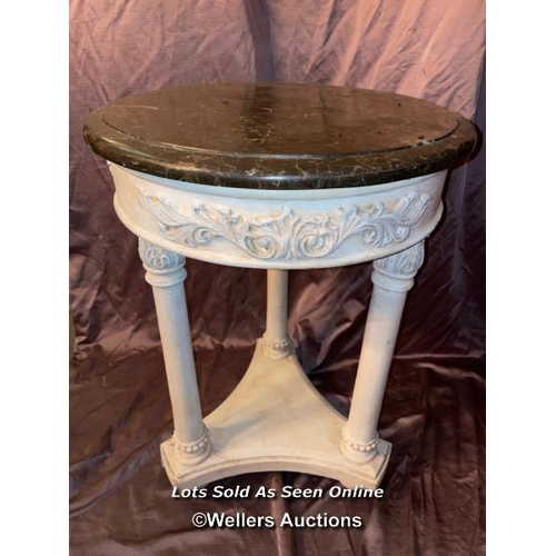 568 - 20TH CENTURY DISTRESSED PAINTED ITALIAN OCCASIONAL TABLE WITH MARBLE TOP, ON TRI-FORM COLUMN BASE, D... 