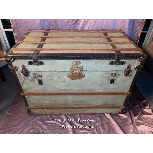 580 - LARGE WOODEN TRAVEL TRUNK, MALLE EDISON J.K PARIS PLAQUE, 90 X 53 X 63CM