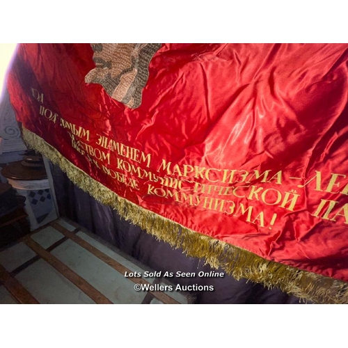 593 - SOVIET UNION TWO SIDED PROPOGANDA SILK BANNER, 190 X 100CM