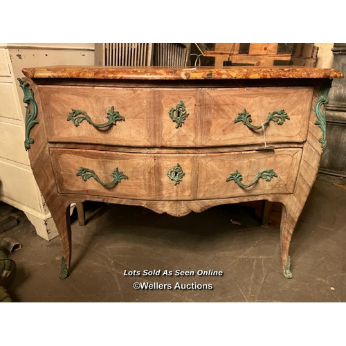 595 - 20TH CENTURY LOUIS XV COMMODE WITH VERDIGRIS ORMULU MOUNTS AND ORIGINAL MARBLE TOP, DAMAGE TO ONE CO... 