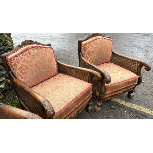 172 - ORNATELY CARVED DOUBLE CANED BERGERE LOUNGE SUITE, IN NEED OF SOME RESTORATION, THREE SEATER SECTION... 