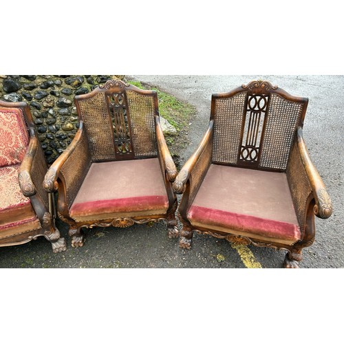 172 - ORNATELY CARVED DOUBLE CANED BERGERE LOUNGE SUITE, IN NEED OF SOME RESTORATION, THREE SEATER SECTION... 