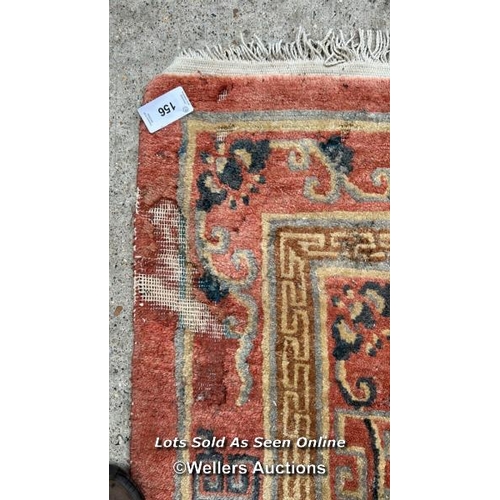 156 - LARGE ORIENTAL STYLE RUG, IN NEED OF SOME RESTORATION, 177CM (W) X 273CM (L) / CONTAINER NO: 371210