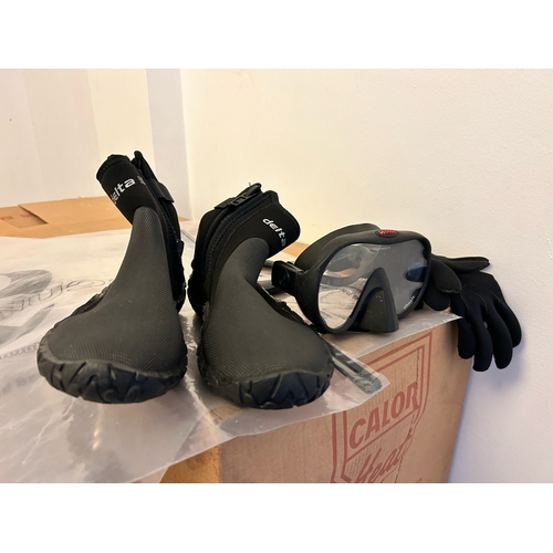 9 - DELA DIVING BOOTS, OLLIS GOGGLES, AND A PAIR OF DIVING GLOVES