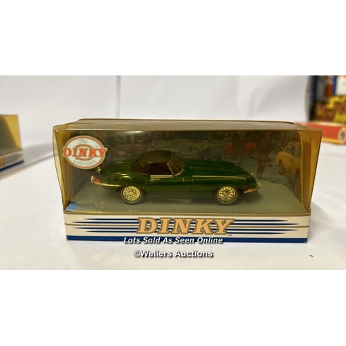 21 - Four Dinky diecast cars and one Vanguards van including 1968 Jaguar E-type and 1973 Ferrari / AN3