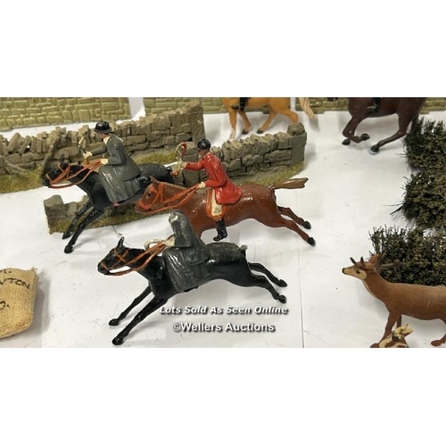 41 - Models including metal and plastic horses with riders, lead greyhounds, walls, hedges and sand bags ... 