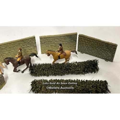 41 - Models including metal and plastic horses with riders, lead greyhounds, walls, hedges and sand bags ... 