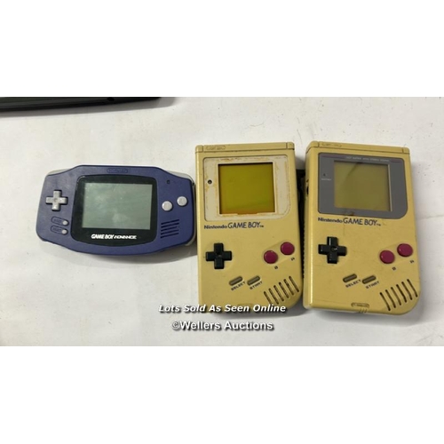 57 - Three vintage hand held Game Boy consoles, all as found with three Pok�mon games and Bad 'n' Rad gam... 