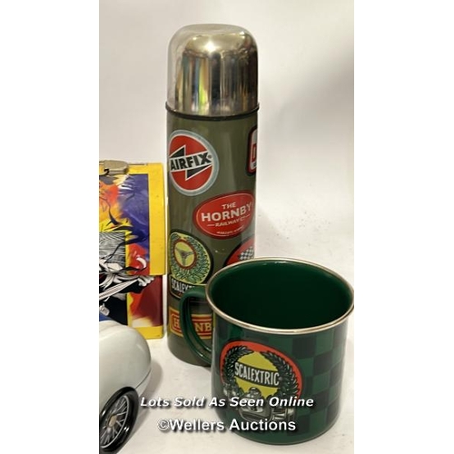 59 - Novelty tins, cap, fridge magnets, flask and mug / AN9