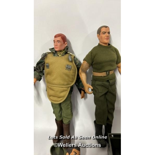 9 - Assorted Action Man figures, mostly modern with spare boots, lunch box, watch and vintage patrol pat... 