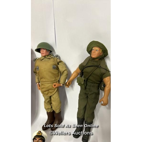 9 - Assorted Action Man figures, mostly modern with spare boots, lunch box, watch and vintage patrol pat... 