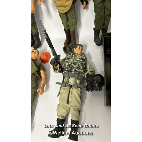 9 - Assorted Action Man figures, mostly modern with spare boots, lunch box, watch and vintage patrol pat... 