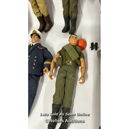 9 - Assorted Action Man figures, mostly modern with spare boots, lunch box, watch and vintage patrol pat... 