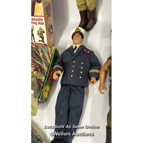 9 - Assorted Action Man figures, mostly modern with spare boots, lunch box, watch and vintage patrol pat... 