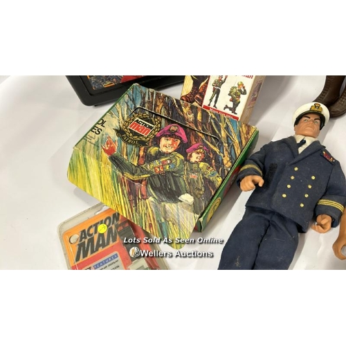 9 - Assorted Action Man figures, mostly modern with spare boots, lunch box, watch and vintage patrol pat... 