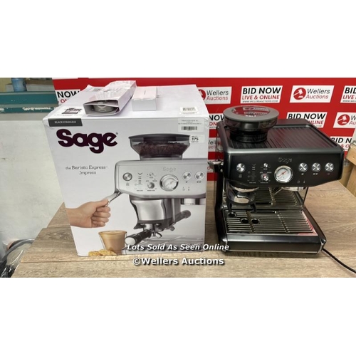 175 - SAGE THE BARISTA EXPRESS IMPRESS BEAN TO CUP COFFEE MACHINE IN BLACK STAINLESS STEEL (SES876BST4GUK1... 