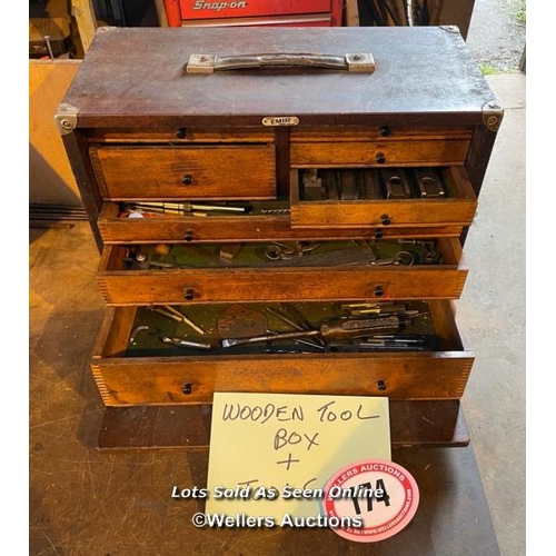 174 - 8X DRAWER WOODEN TOOL BOX WITH EXTENSIVE CONTENTS, BOX MADE BY EMIR