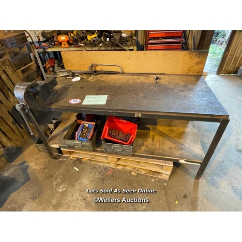 176 - LARGE METAL FRAME BENCH WITH MDF TOP, WITH ATTACHED VICE