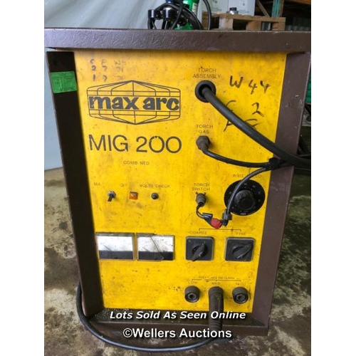 52 - MAX ARC MIG 200 3 PHASE WELDER, CONTENTS INCL. WIRE, FACE SHIELD, AND GAS BOTTLE, IN WORKING ORDER