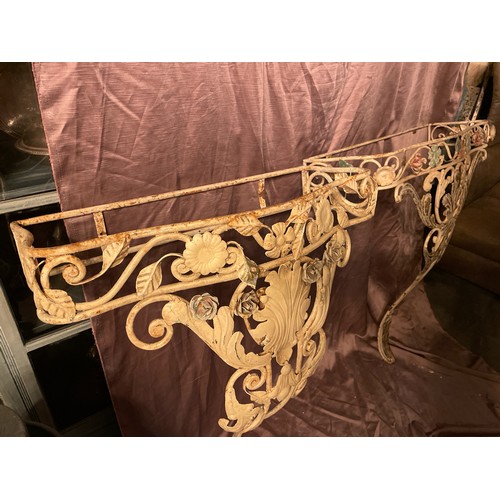 599 - MATCHED PAIR OF FRENCH IRON WORK CONSOLE TABLES, 71 X 31 X 95CM (TOPS ARE AVAILABLE ONE MARBLE AND O... 