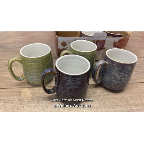 2009 - THE OLD POTTERY COMPANY STONEWARE MUGS, 6 PACK / TWO BROKEN / SIGNS OF USE / C25