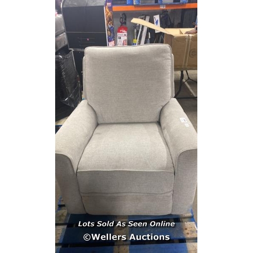 2082 - TRUE INNOVATIONS PAXLEY GREY FABRIC SWIVEL RECLINER CHAIR / STAINED / UNTESTED / SIGNS OF USE / MA