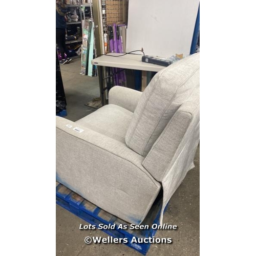 2082 - TRUE INNOVATIONS PAXLEY GREY FABRIC SWIVEL RECLINER CHAIR / STAINED / UNTESTED / SIGNS OF USE / MA