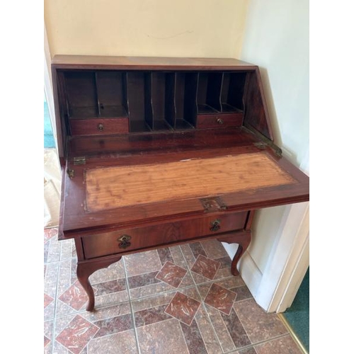 162 - Mahogany bureau with three drawers and brass fittings, 74x98.5 x 40cm (collection from private resid... 