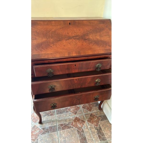 162 - Mahogany bureau with three drawers and brass fittings, 74x98.5 x 40cm (collection from private resid... 