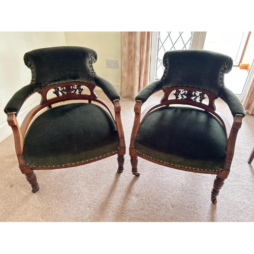 167 - Pair of antique elbow chairs with green upholstery, 57 x 75 x 54cm (collection from private residenc... 